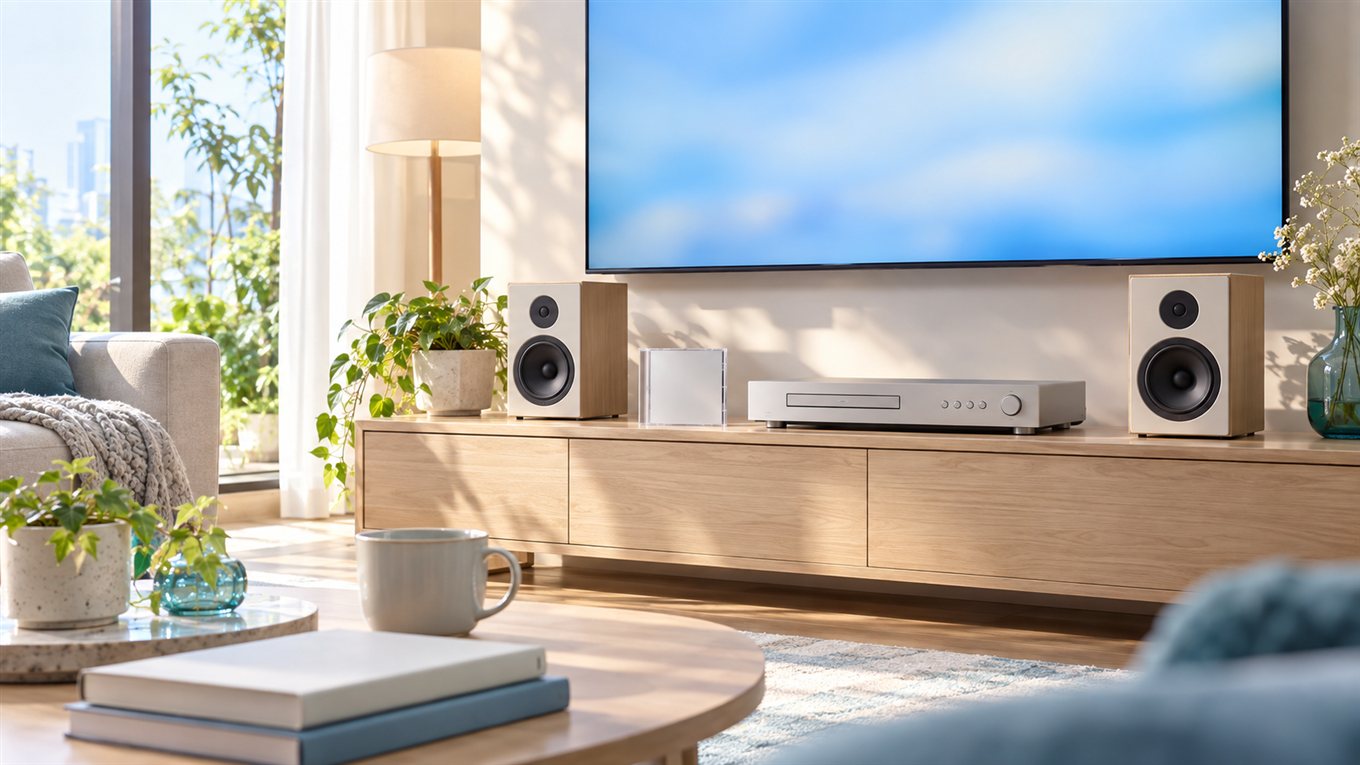 CDプレーヤーとテレビを備えた明るい鑑賞室の写真風AI生成イメージ