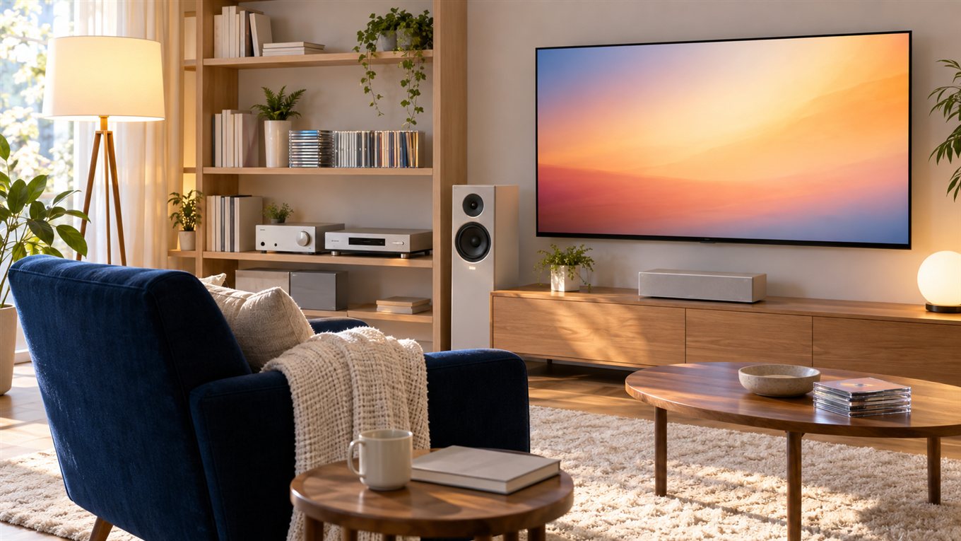 無地のCDケースと本、テレビを備えた鑑賞空間の写真風AI生成イメージ