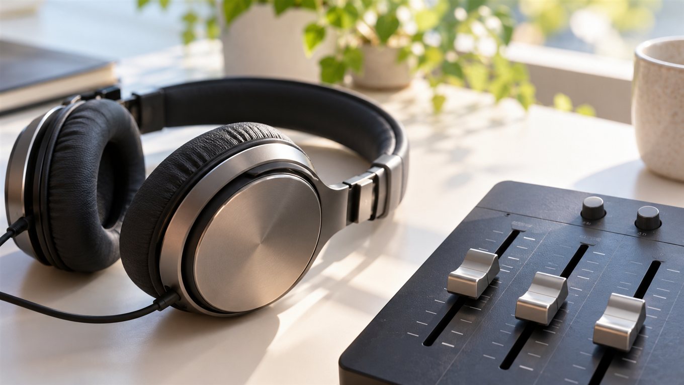 ヘッドホンと音声調整機材を接写した机